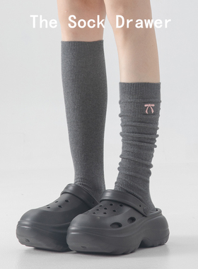 双针袜子女春秋灰色长筒韩版ins潮袜子刺绣微压显瘦小腿袜子纯棉