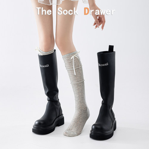 miu系蝴蝶结飘带小腿袜显瘦百搭及膝长筒靴袜夏季薄网眼透气棉袜