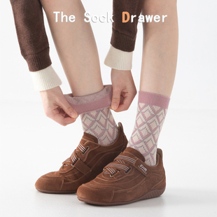 袜子女潮日系 袜子女中筒双针双路无线头菱形格学院风堆堆长袜韩版