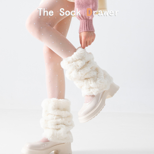 日系jk洛丽塔袜套女秋冬白色加绒保暖毛茸茸堆堆袜腿套配玛丽珍鞋