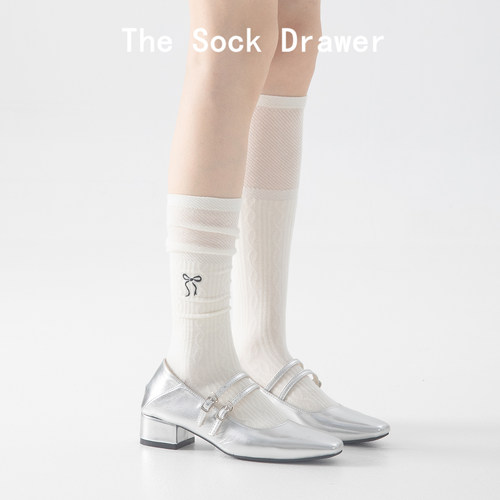 白色立体浮雕长筒袜子miu系刺绣蝴蝶结小腿袜纯棉无骨长筒堆堆袜