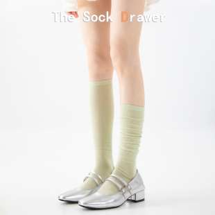 长筒镂空圆点及膝袜子女搭配玛丽珍鞋 春夏薄款 绿色小腿袜日系韩版