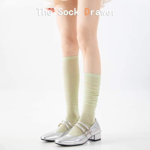 春夏薄款绿色小腿袜日系韩版长筒镂空圆点及膝袜子女搭配玛丽珍鞋
