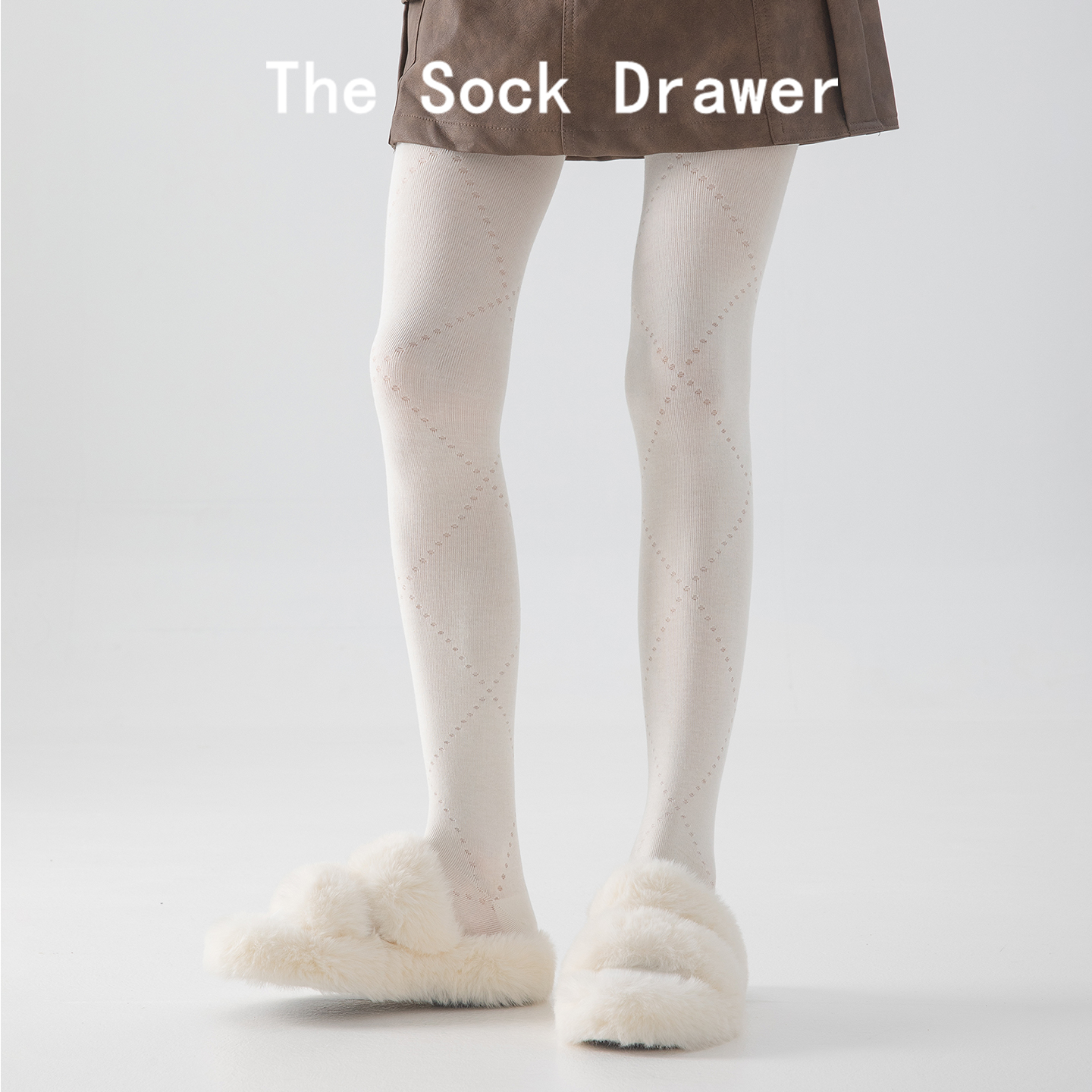 日系白色菱格连裤袜秋冬纯欲高腰显瘦打底裤袜女外穿配毛绒拖鞋