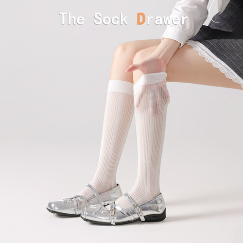 镂空网眼小腿袜女夏季薄款miu系芭蕾风白色显瘦堆堆袜配玛丽珍鞋