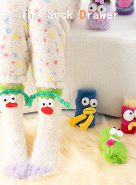 珊瑚绒袜子女秋冬加厚保暖白色中筒卡通丑萌搞怪堆堆袜居家地板袜