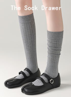 2025春秋新款灰色分趾袜女微压显瘦小腿袜miu系竖纹学院风堆堆袜