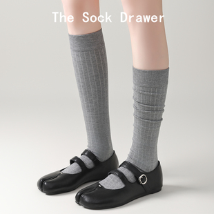 2025春秋新款 灰色分趾袜女微压显瘦小腿袜miu系竖纹学院风堆堆袜