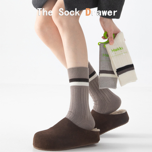 日系二杠羊毛袜子女秋冬加厚保暖防寒韩系中筒袜浮雕暗花坑条长袜