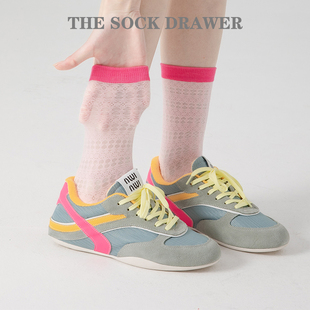 中筒袜女夏天薄款 袜子 镂空纯棉透气多巴胺粉色网眼搭配阿甘鞋