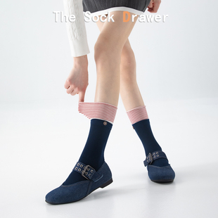 外穿松口卷边芭蕾风中筒袜 复古撞色藏青色条纹堆堆袜女士春夏季