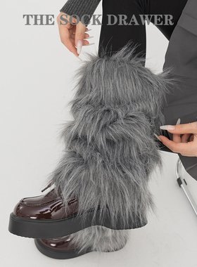 毛绒腿套秋冬季y2k毛毛茸茸皮草冬天深灰色保暖长筒袜子堆堆袜套