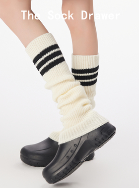 春秋白色条纹y2k针织袜套女长筒及膝ins风腿套高筒堆堆袜套纯棉