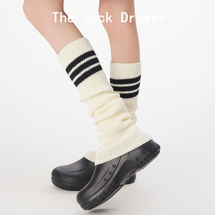 春秋白色条纹y2k针织袜套女长筒及膝ins风腿套高筒堆堆袜套纯棉