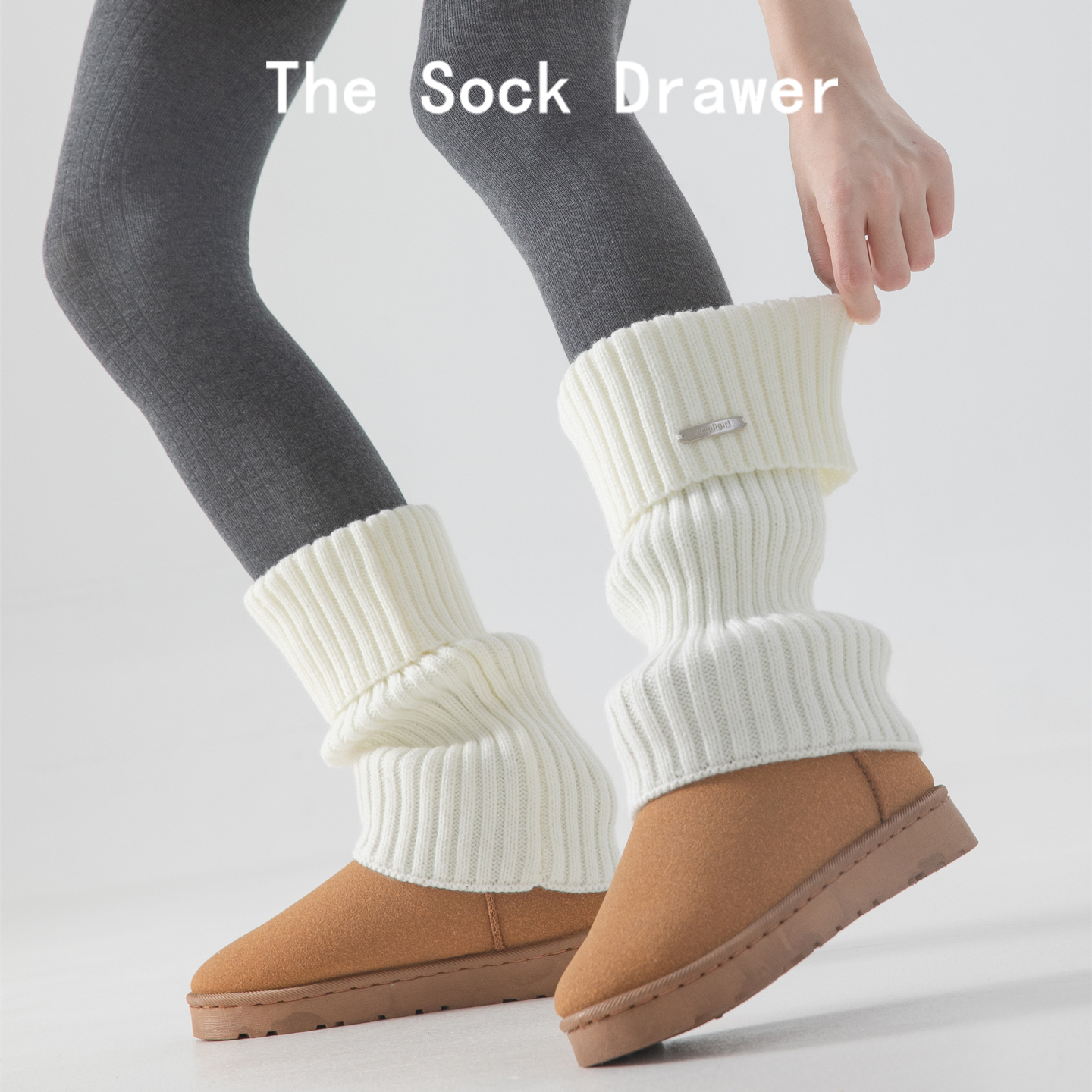 白色金属标针织袜套女冬天外穿y2k辣妹翻边长筒堆堆腿套配雪地靴