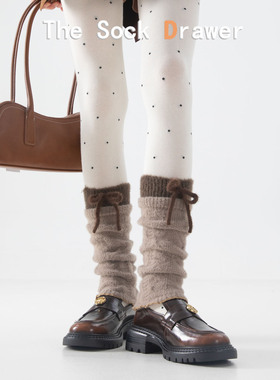 棕色羊毛袜套女花边立体蝴蝶结毛绒堆堆袜miu系芭蕾风小腿袜腿套