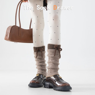 棕色羊毛袜套女花边立体蝴蝶结毛绒堆堆袜miu系芭蕾风小腿袜腿套