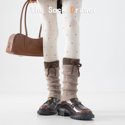 棕色羊毛袜套女花边立体蝴蝶结毛绒堆堆袜miu系芭蕾风小腿袜腿套