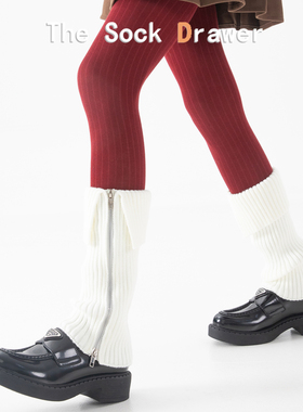 y2k辣妹针织袜套女秋冬翻边竖纹坑条白色小腿拉链侧开喇叭型袜套