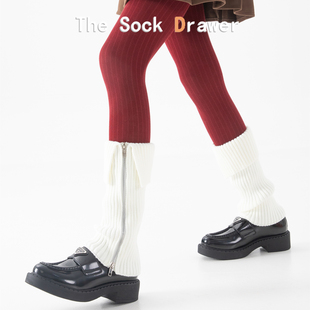 y2k辣妹针织袜套女秋冬翻边竖纹坑条白色小腿拉链侧开喇叭型袜套