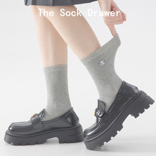 中筒袜女卡通刺绣小狗袜子灰色纯棉堆堆袜学院风配乐福鞋的袜子