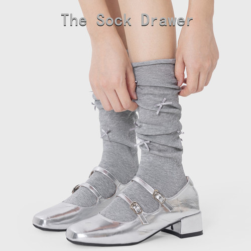 芭蕾风灰色小腿袜夏季薄款立体蝴蝶结长筒堆堆袜配芭蕾鞋的袜子