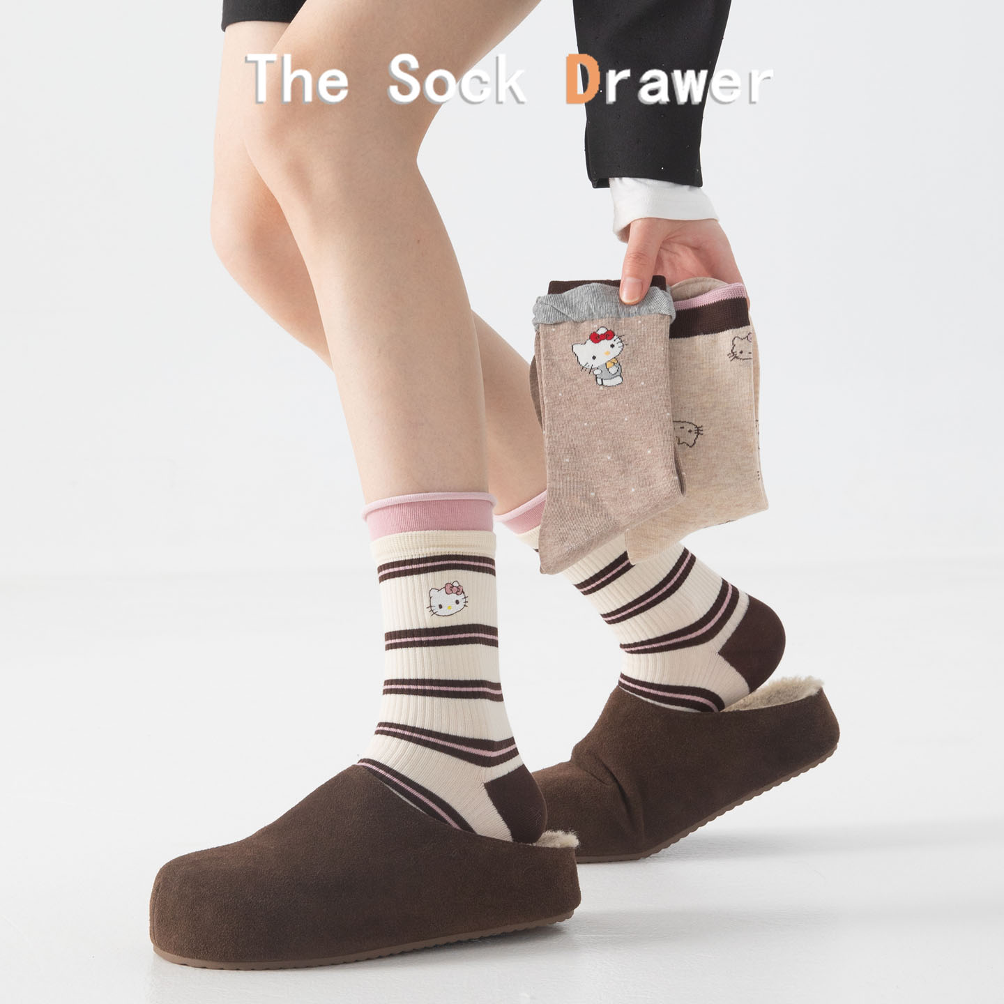条纹袜子女秋冬kt猫卡通刺绣中筒袜日系点子纱花边立体浮雕堆堆袜