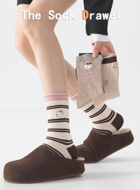 条纹袜子女秋冬kt猫卡通刺绣中筒袜日系点子纱花边立体浮雕堆堆袜