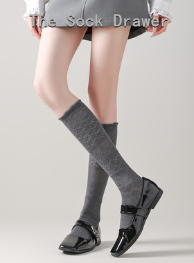 微压显瘦芭蕾风小腿袜镂空网眼纯棉灰色堆堆袜泡泡口袜子配小皮鞋