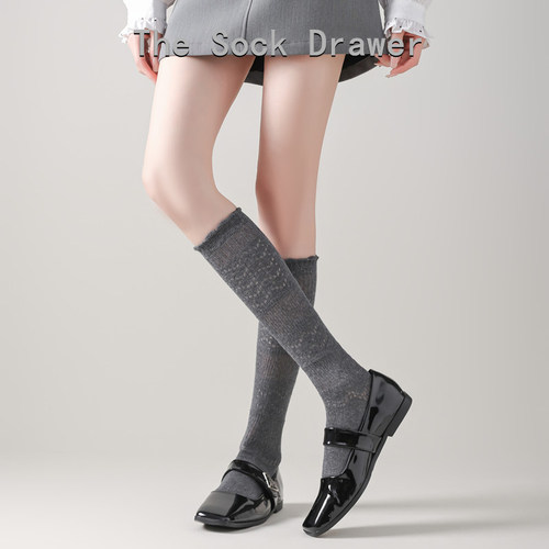 微压显瘦芭蕾风小腿袜镂空网眼纯棉灰色堆堆袜泡泡口袜子配小皮鞋