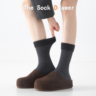 毛绒松口袜子女士秋冬加厚保暖双针中筒袜日系拼接学院风堆堆袜