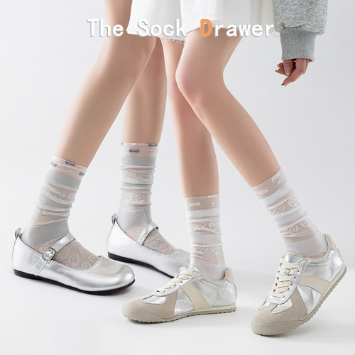 镂空网眼中筒袜女春夏季薄款蕾丝爱心蝴蝶结堆堆袜日系学院风长袜