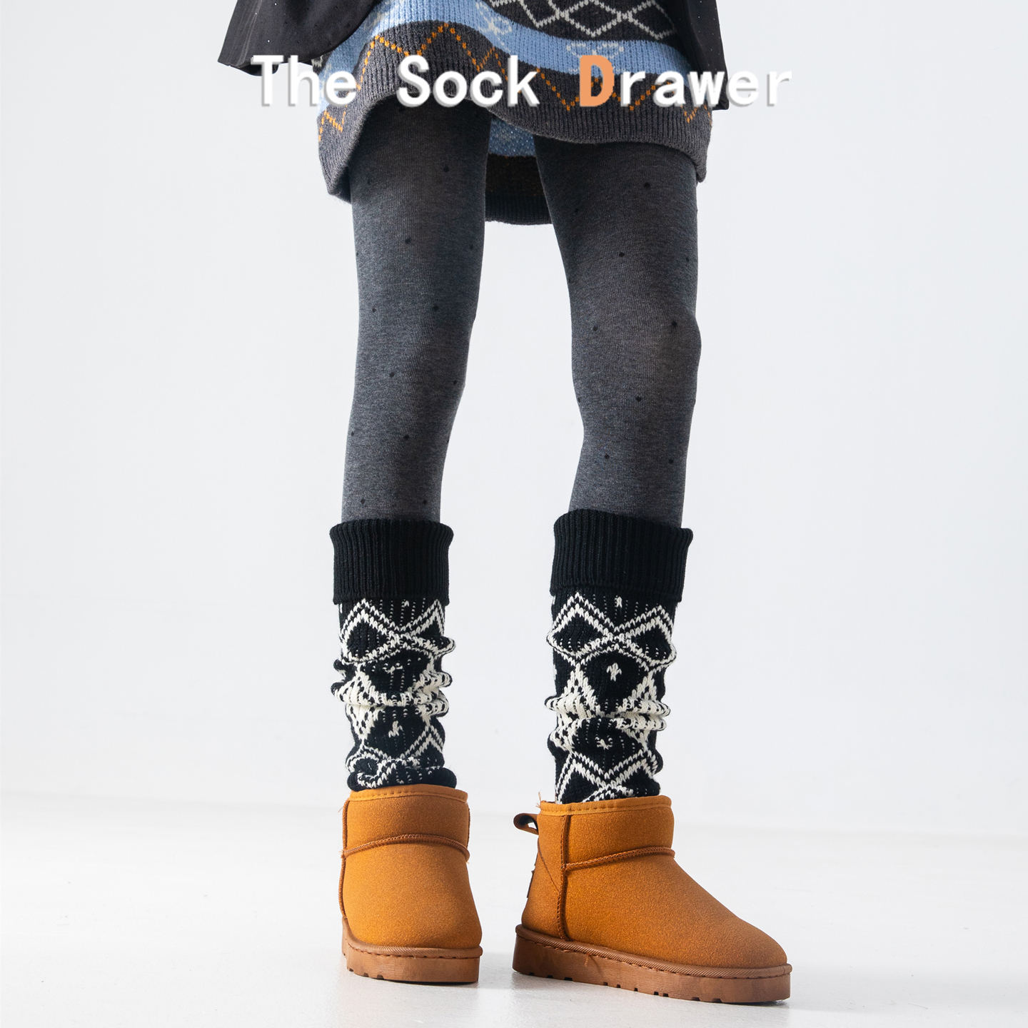 费尔岛袜套女秋冬季保暖加厚雪地靴堆堆袜黑色日系y2k菱格小腿套