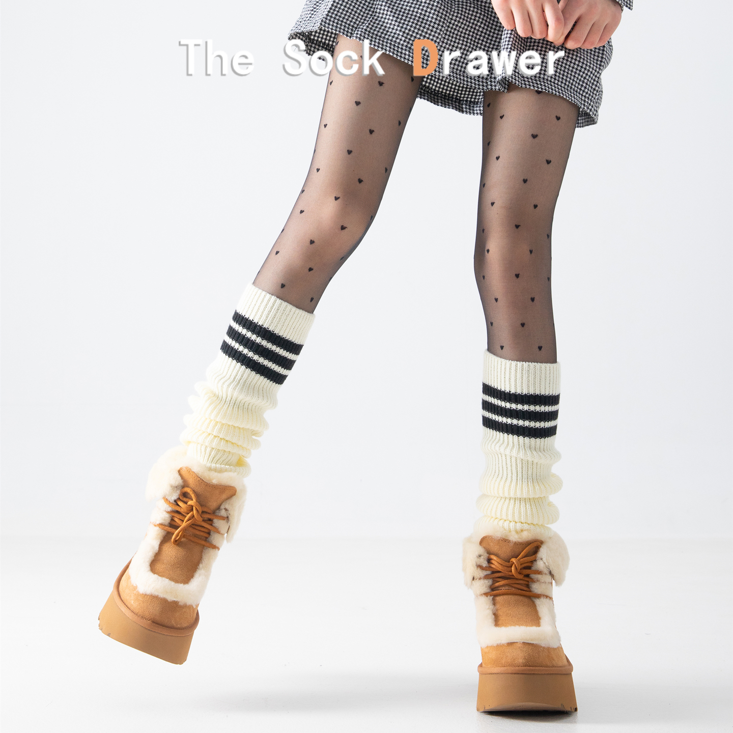 韩版三杠条纹堆堆袜腿套女秋冬白色保暖加厚日系洛丽塔针织袜套