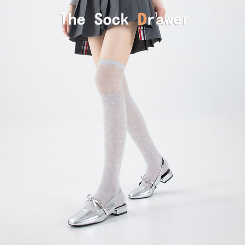 过膝长筒袜女夏季薄款灰色网纱竖纹拼接日系JK学院风大腿袜配凉鞋