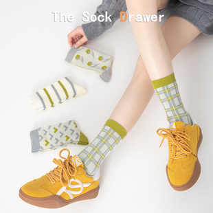 袜子女高颜值双针无线头条纹堆堆袜日系花朵格子中筒长袜配德训鞋