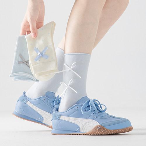 日系袜子女夏季薄款飘带蝴蝶结中筒袜波点堆堆袜配德训鞋的袜子