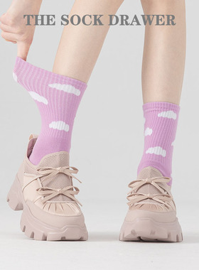 小清新云朵图案纯棉运动袜中筒潮袜嘻哈滑板袜袜子男女紫色袜子