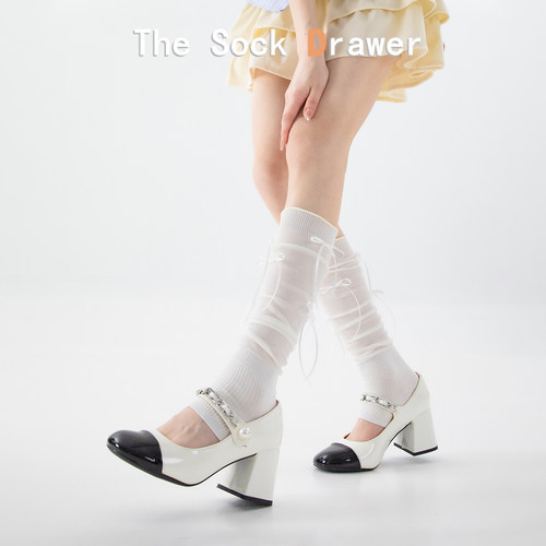 日系JK洛丽塔小腿袜女夏季薄款细带蝴蝶结脚踩袜套甜美花边袜腿套