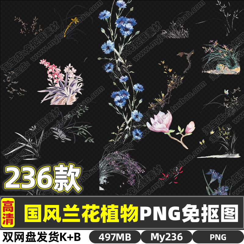 高清国风兰花植物手绘插画PNG透明免抠图片PS海报背景设计素材集