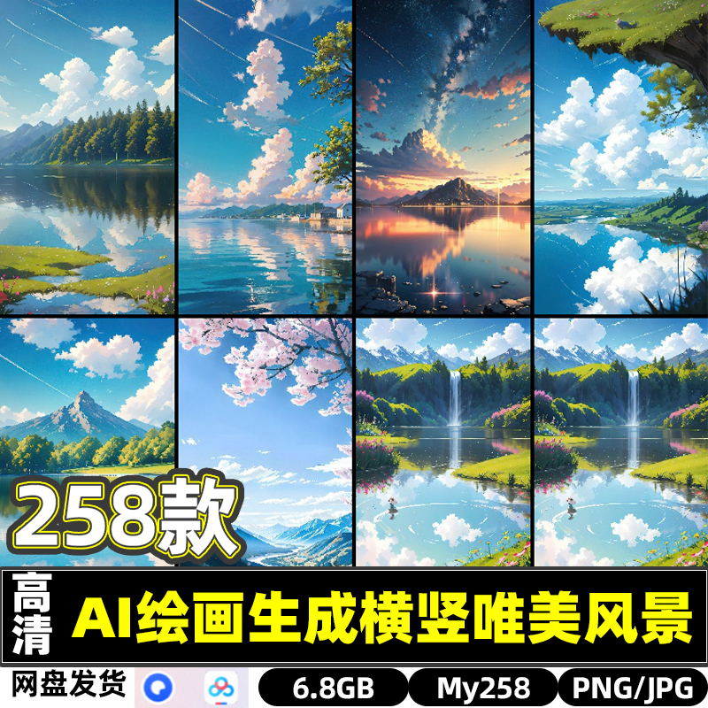 AI绘画生成动漫唯美风景横竖手机桌面壁纸高清装饰画打印喷绘文件