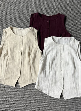 西班牙品牌女夏简约时尚休闲圆领单排扣轻肌理外穿内搭无袖短上衣