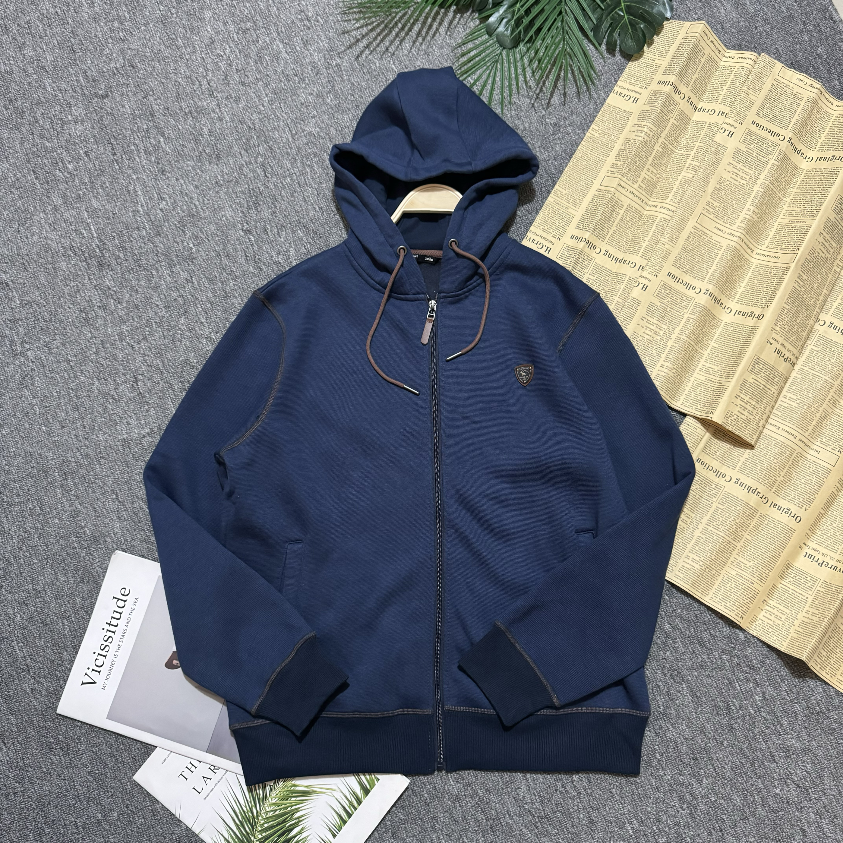 俄罗斯品牌男士秋冬连帽针织宽松休闲侧口袋拉链开衫薄绒卫衣外套