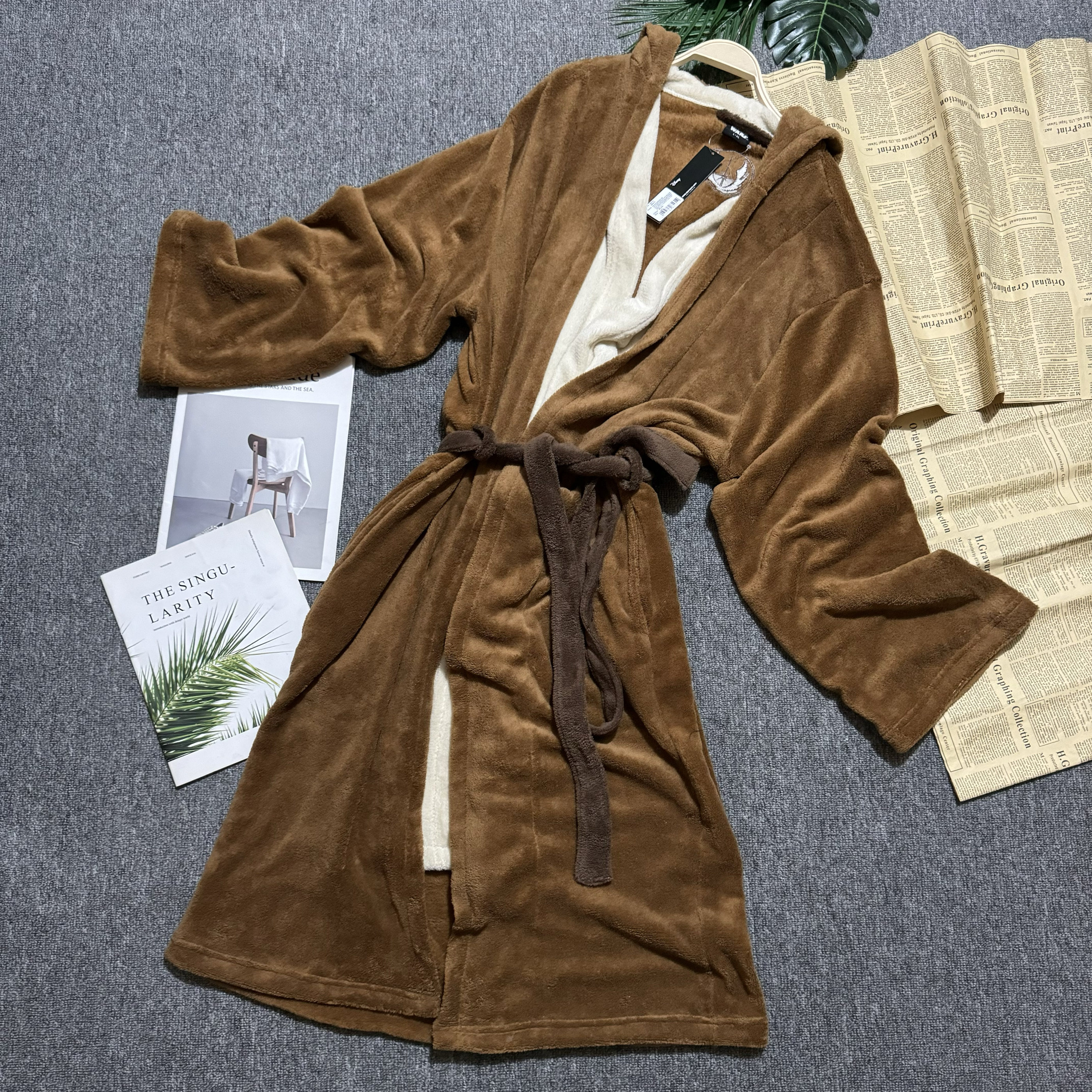 外贸单秋冬季拼色保暖法兰绒连帽睡袍系腰带收腰中长款男女家居服,女士内衣/男士内衣/家居服,睡袍/浴袍,淘宝优惠券,粉丝福利购,淘宝优惠卷