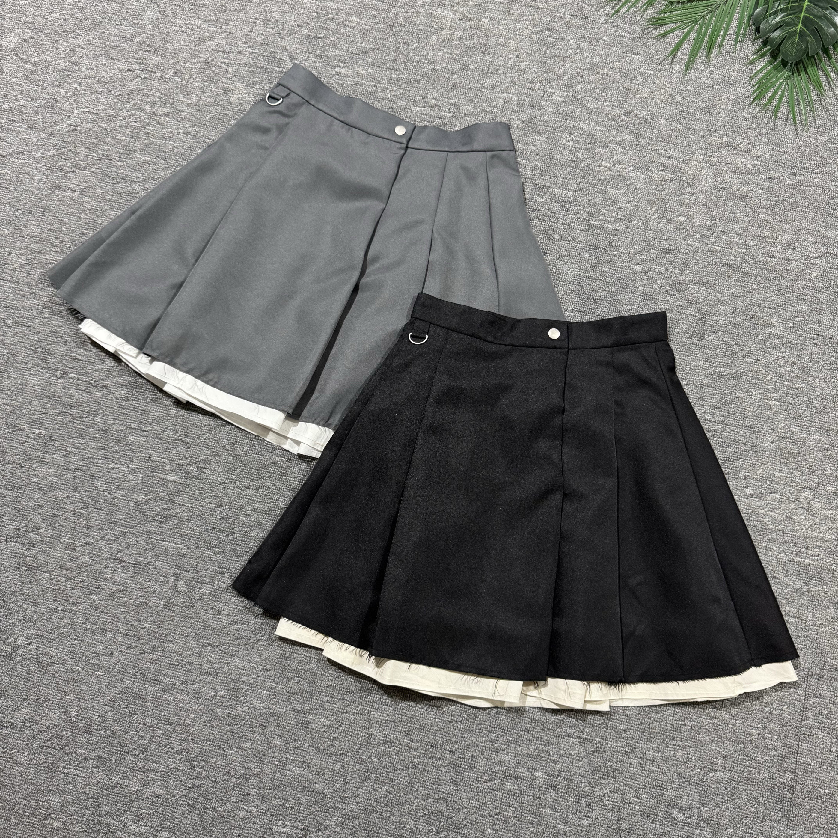 外贸女春夏设计感中高腰时尚压褶拼色毛边百搭A字小众半身裙子