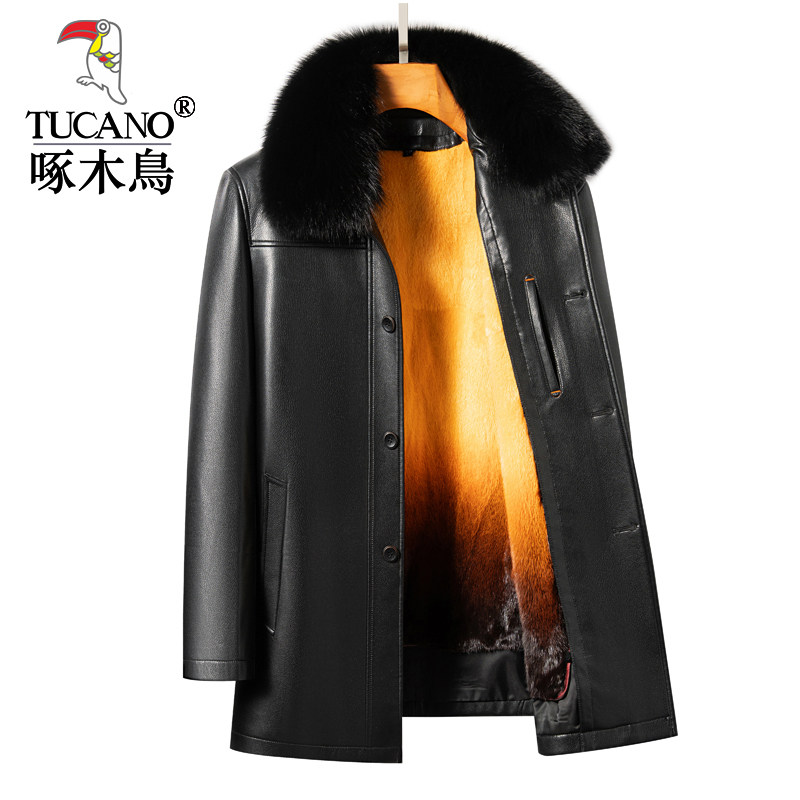 啄木鸟真皮皮衣男冬季中长款翻领纯绵羊皮外套狐狸领皮毛一体内胆