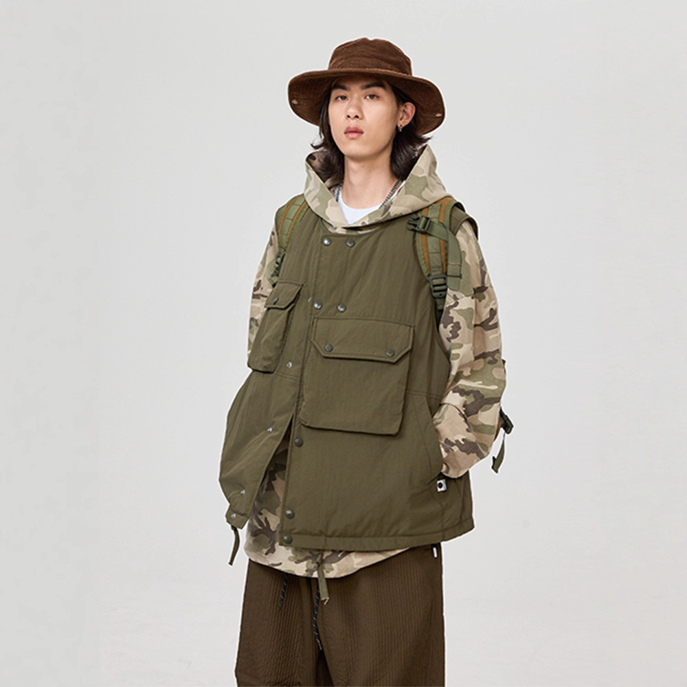 日系工装多口袋战术羽绒马甲 冬季男女款保暖宽松白鸭绒马甲外套