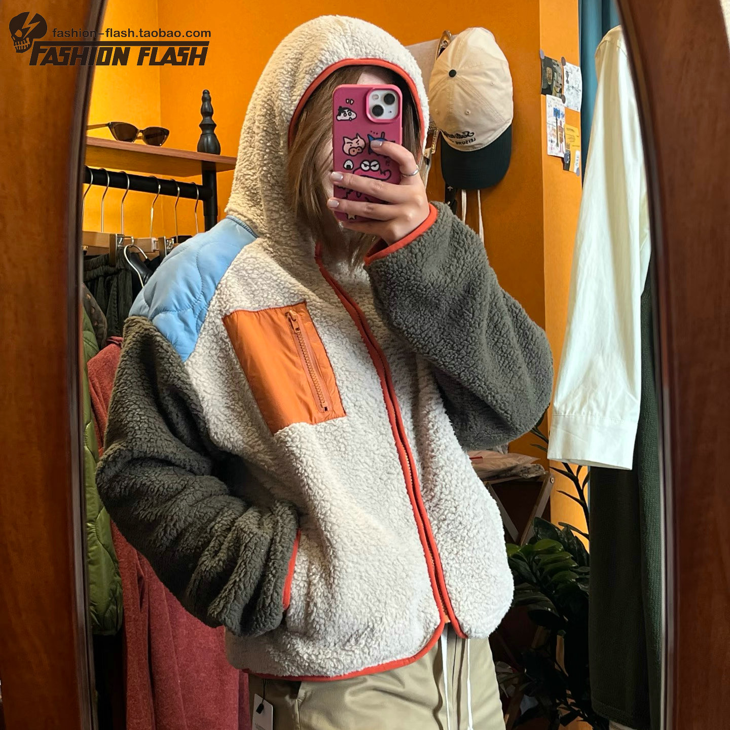 爆款日系羊羔绒外套春款橘色包边撞色拼接百搭摇粒绒休闲连帽上衣