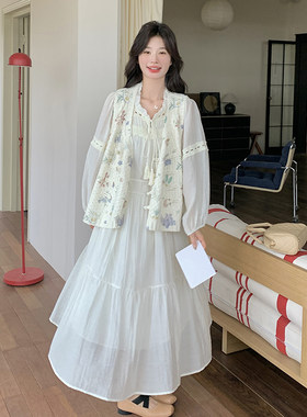 法式小清新花卉马甲连衣裙两件套