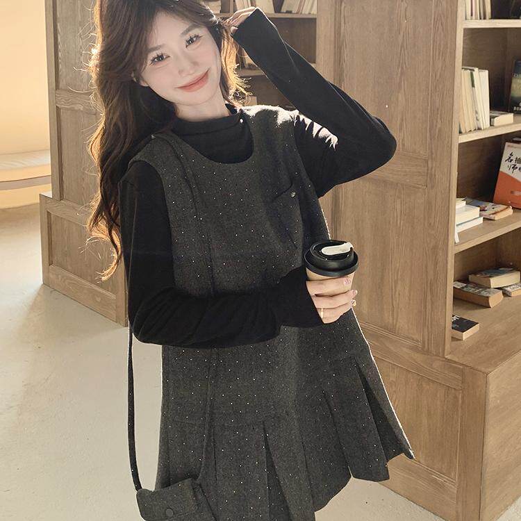 2025秋季新款法式百褶背心裙套装黑色底衫两件套小个子香风一整套